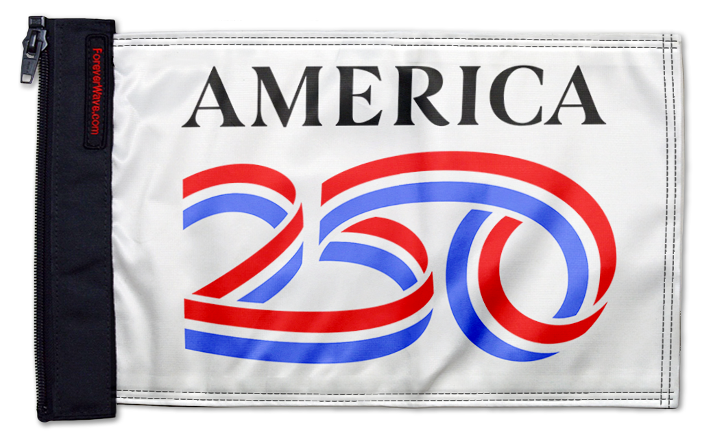 America 250 Forever Wave white flag for Jeep Wrangler JL 2-Door, 12"x18" double-sided with zip-on sleeve