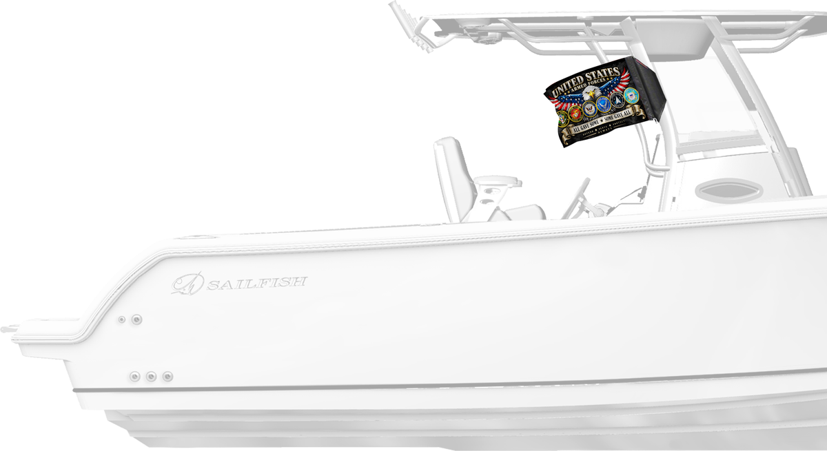 Armed Forces Forever Wave flag mounted on a boat T-top