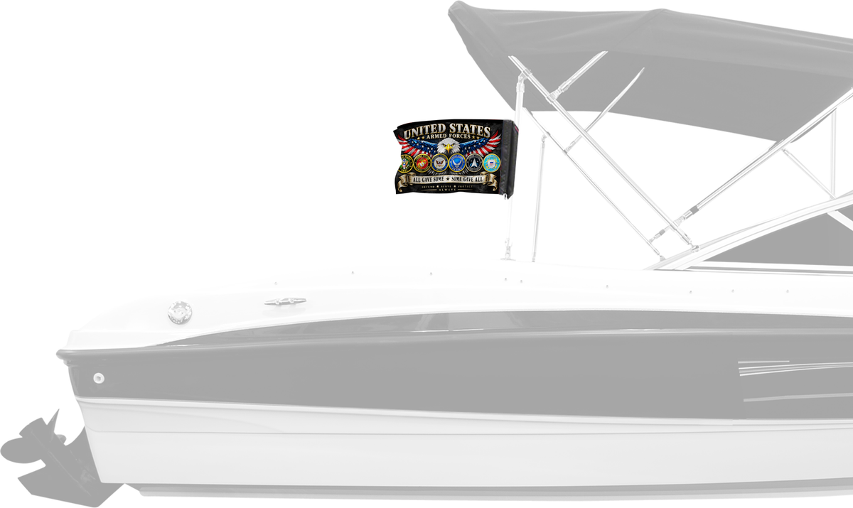 Armed Forces Forever Wave flag mounted on a boat bimini top