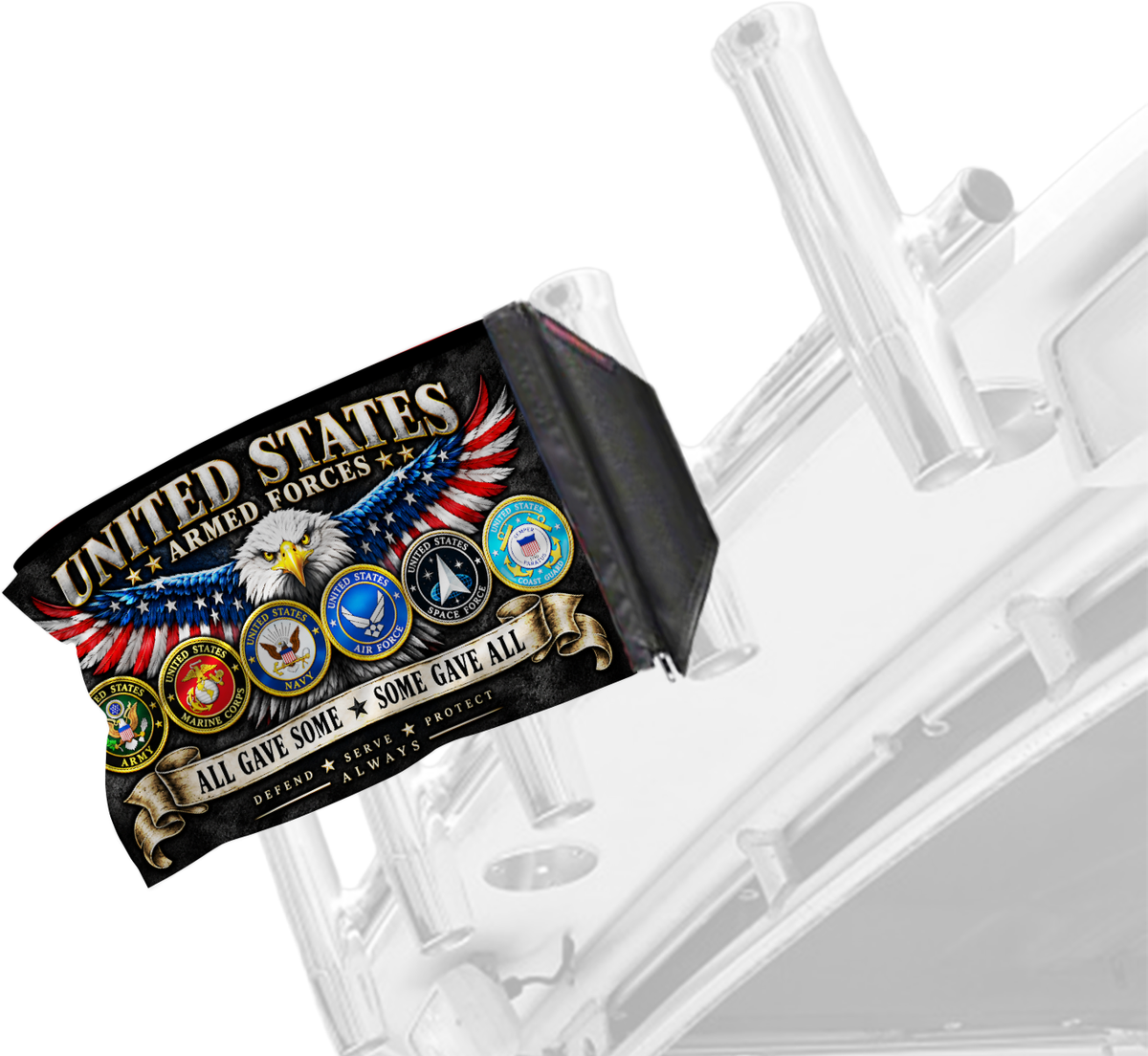 Armed Forces Forever Wave flag mounted on a boat rod holder