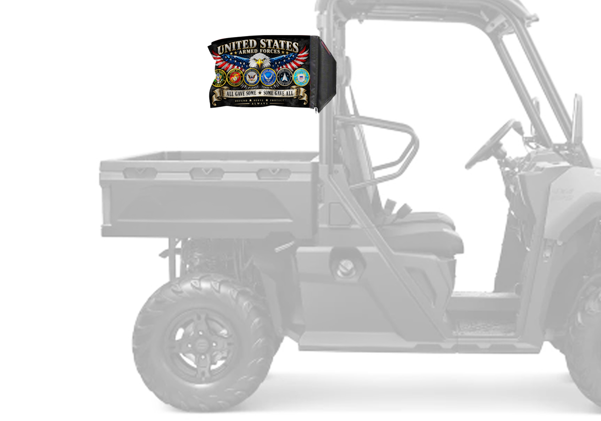 Armed Forces Forever Wave flag mounted on a UTV