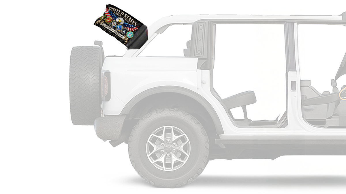 Armed Forces Forever Wave flag mounted on the roll bar of a Ford Bronco