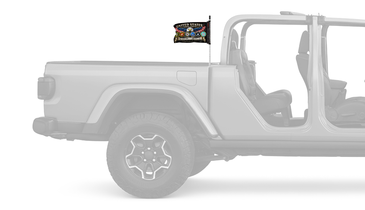 Armed Forces Forever Wave flag mounted on the antenna of a Jeep Gladiator JT