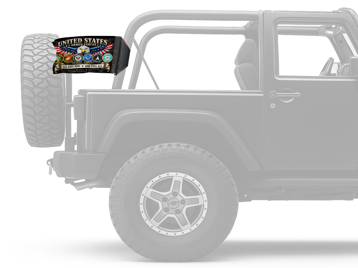 Armed Forces Forever Wave flag mounted on the unpadded roll bar of a Jeep Wrangler TJ