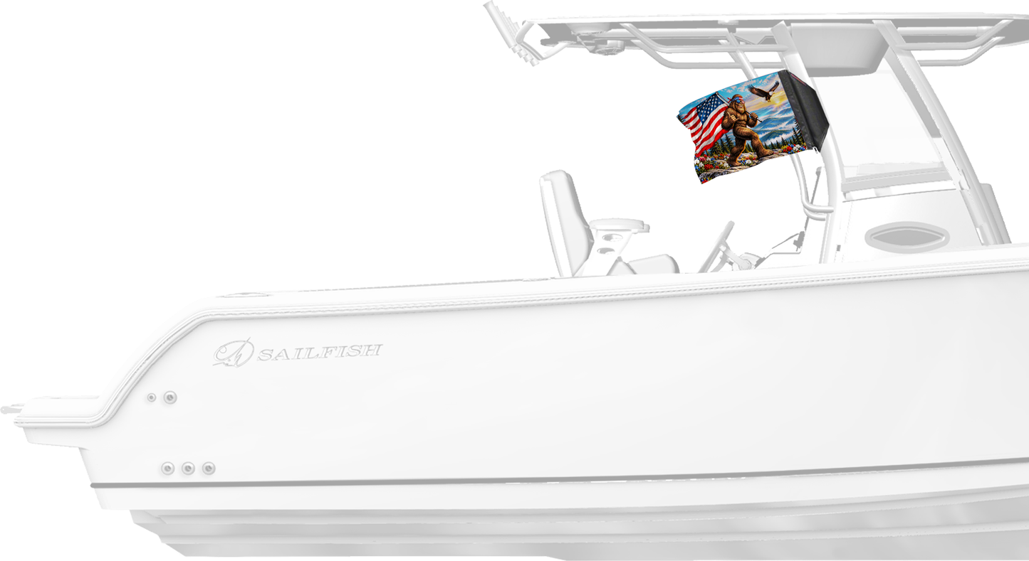 Bigfoot Patriot Forever Wave flag mounted on a boat T-top