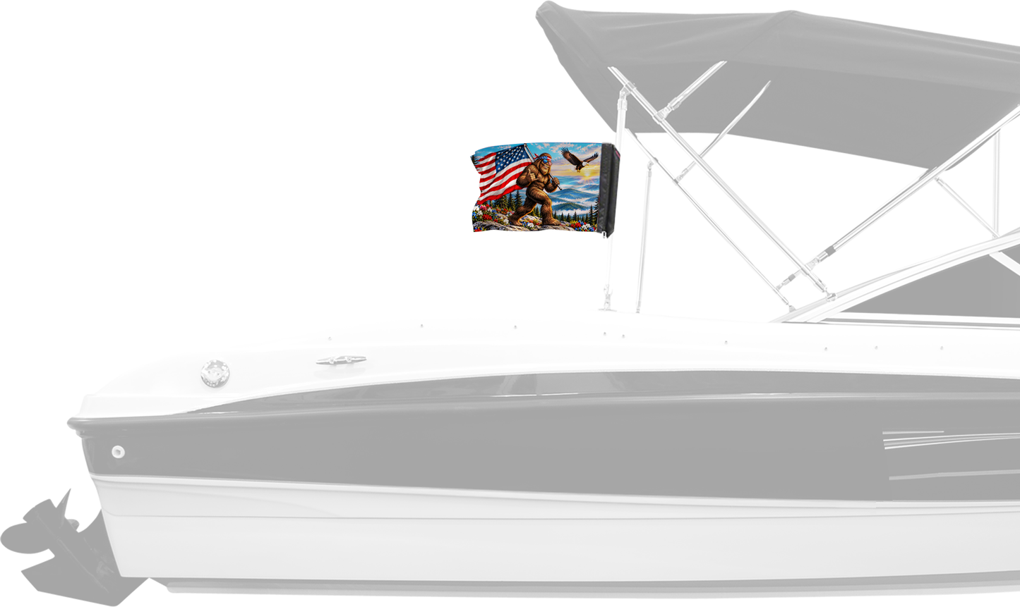 Bigfoot Patriot Forever Wave flag mounted on a boat bimini top