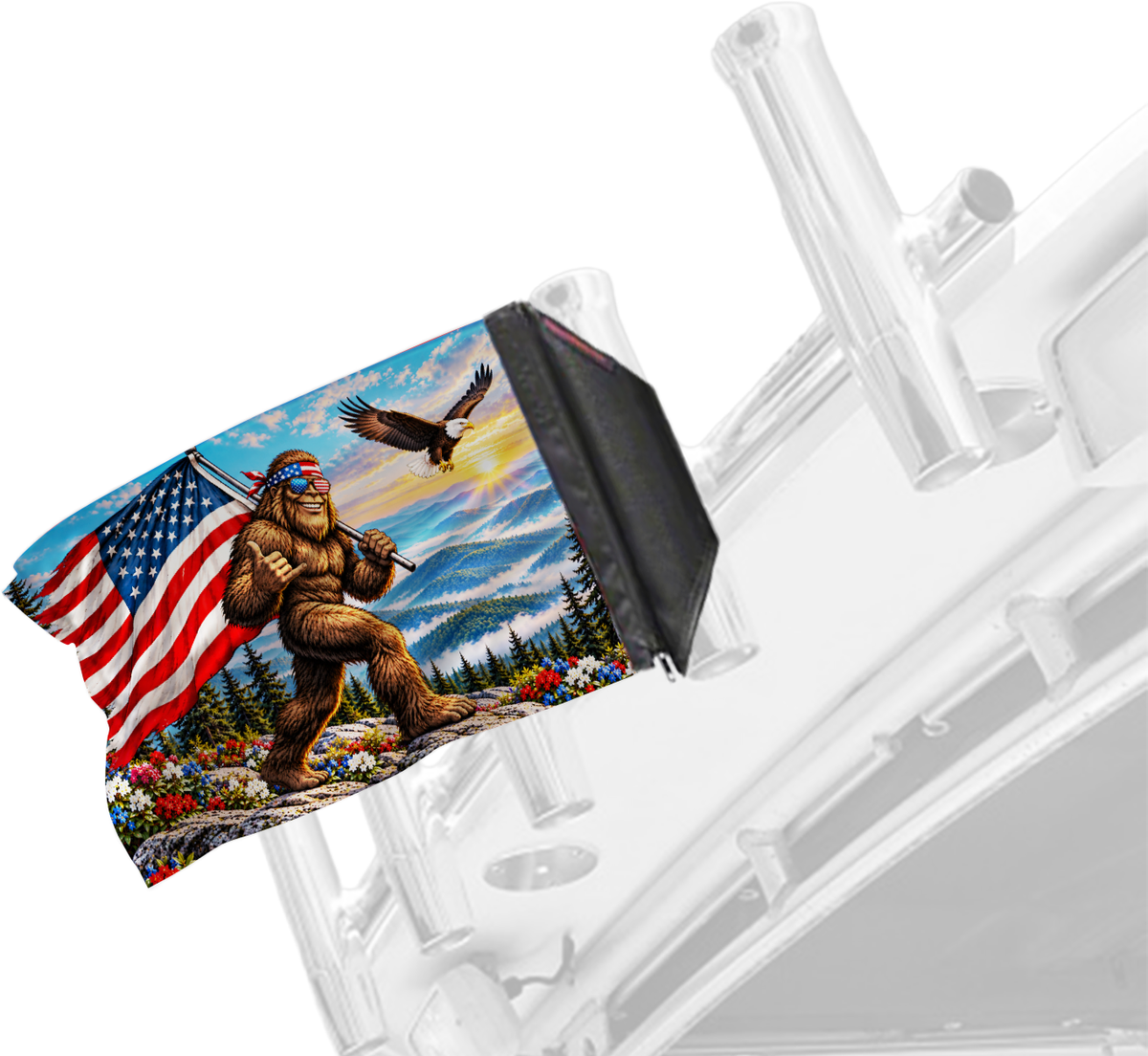 Bigfoot Patriot Forever Wave flag mounted on a boat rod holder