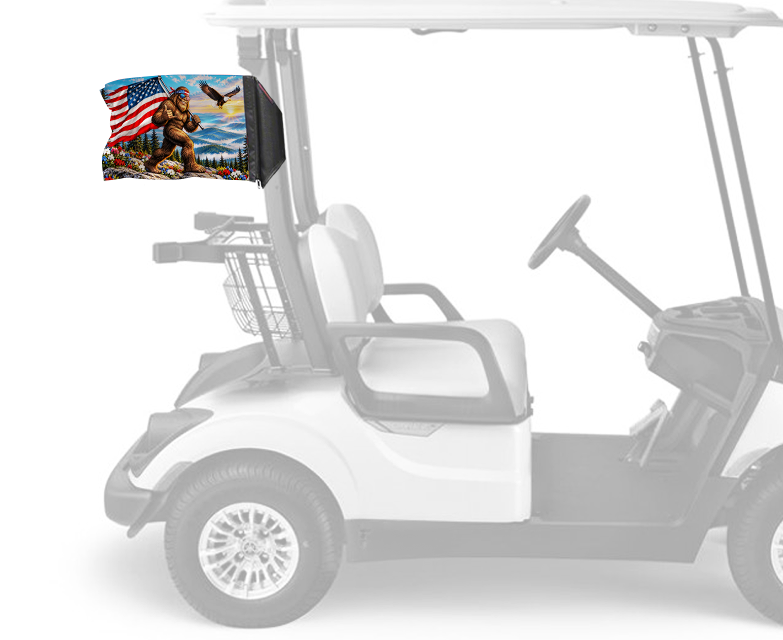 Bigfoot Patriot Forever Wave flag mounted on a golf cart