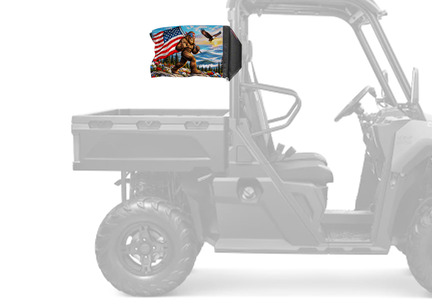 Bigfoot Patriot Forever Wave flag mounted on a UTV