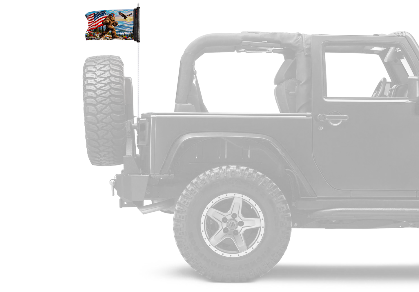 Bigfoot Patriot Forever Wave flag mounted on a CB or LED antenna