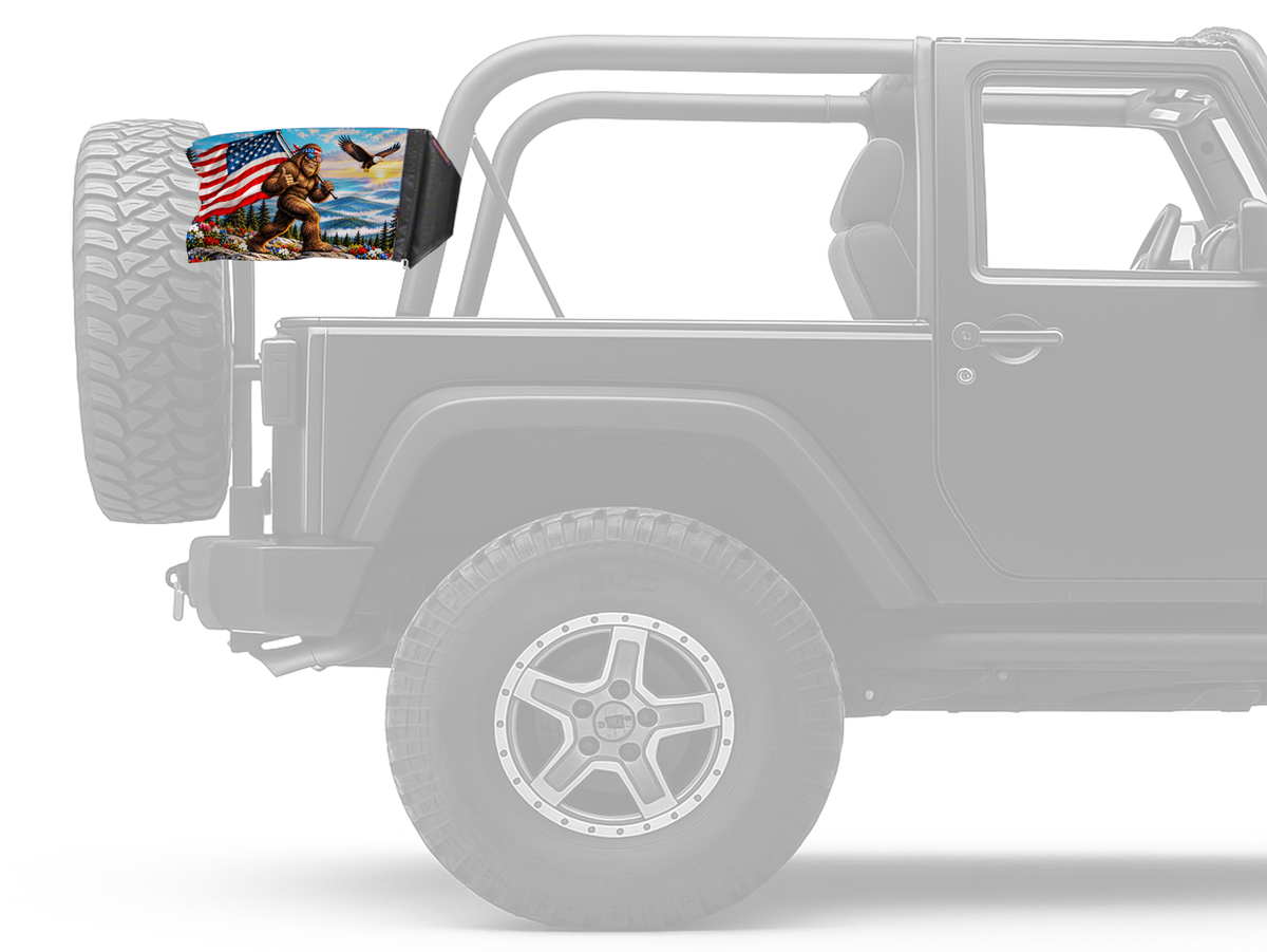 Bigfoot Patriot Forever Wave flag mounted on an unpadded Jeep roll bar