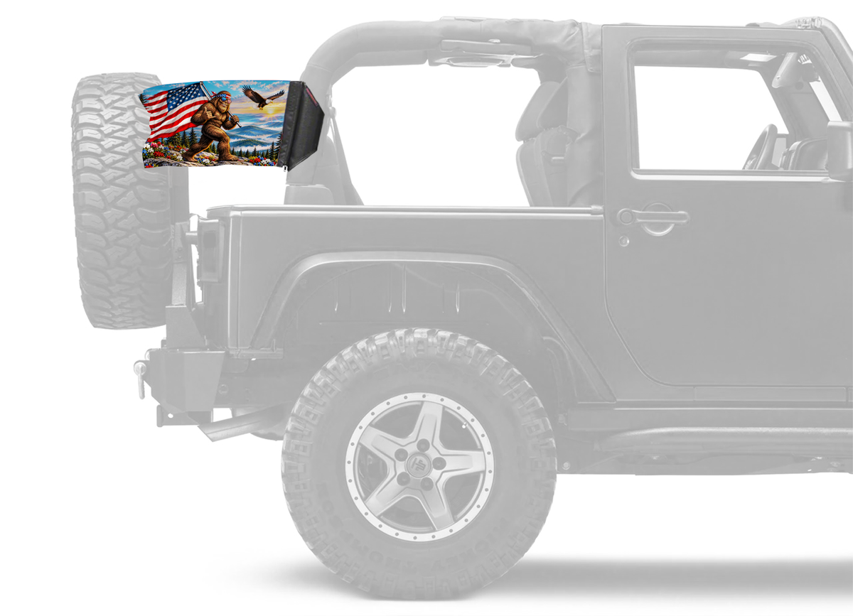 Bigfoot Patriot Forever Wave flag mounted on a padded Jeep roll bar