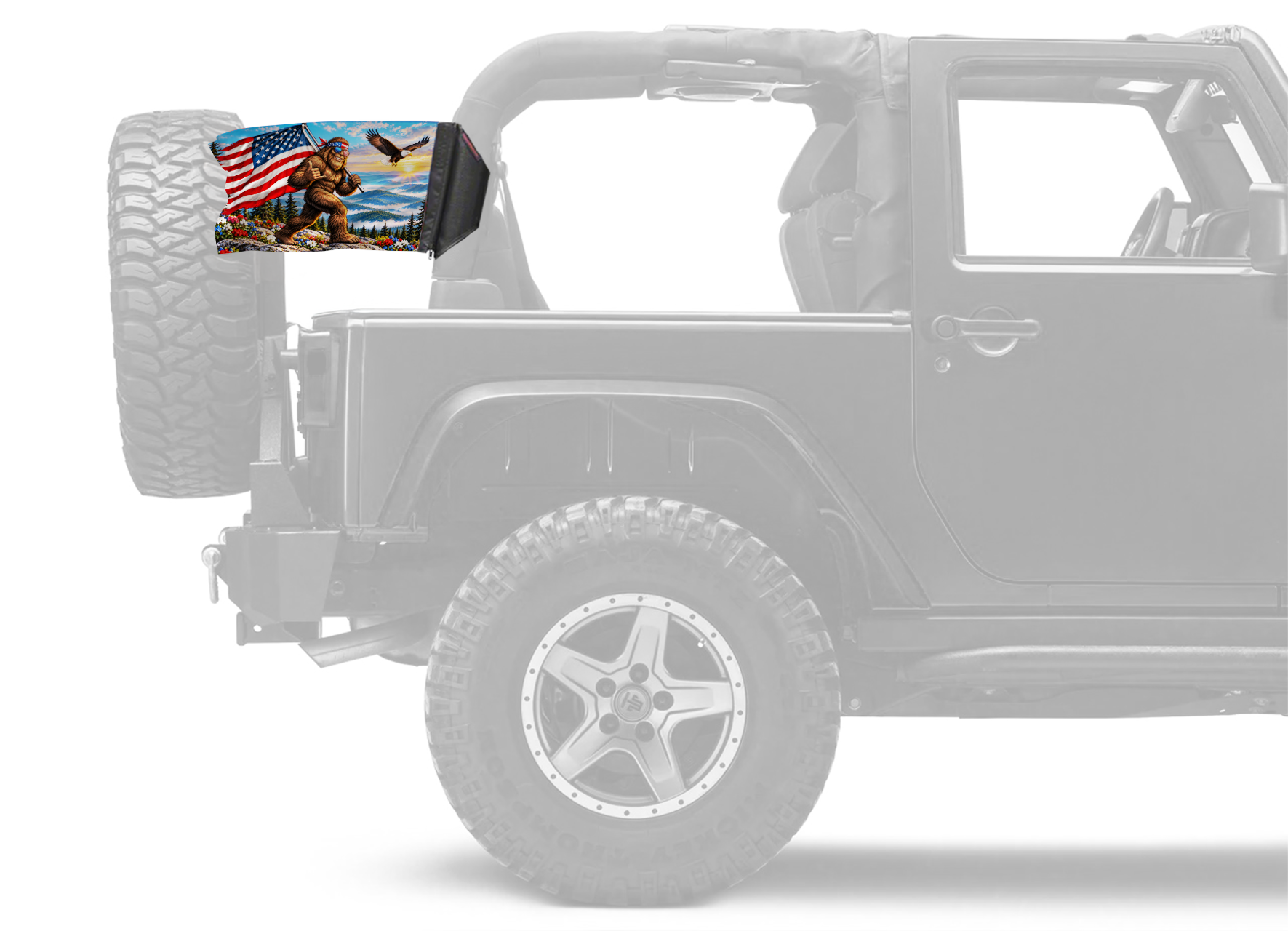 Bigfoot Patriot Forever Wave flag mounted on a padded Jeep roll bar