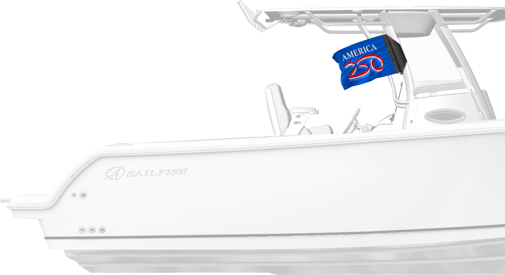 America 250 Forever Wave blue flag mounted on a boat T-top