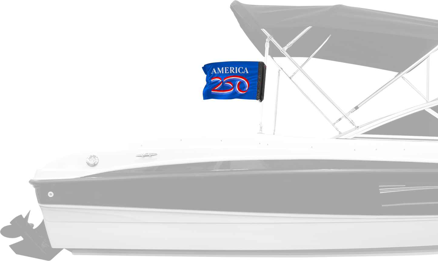 America 250 Forever Wave blue flag mounted on a boat Bimini top
