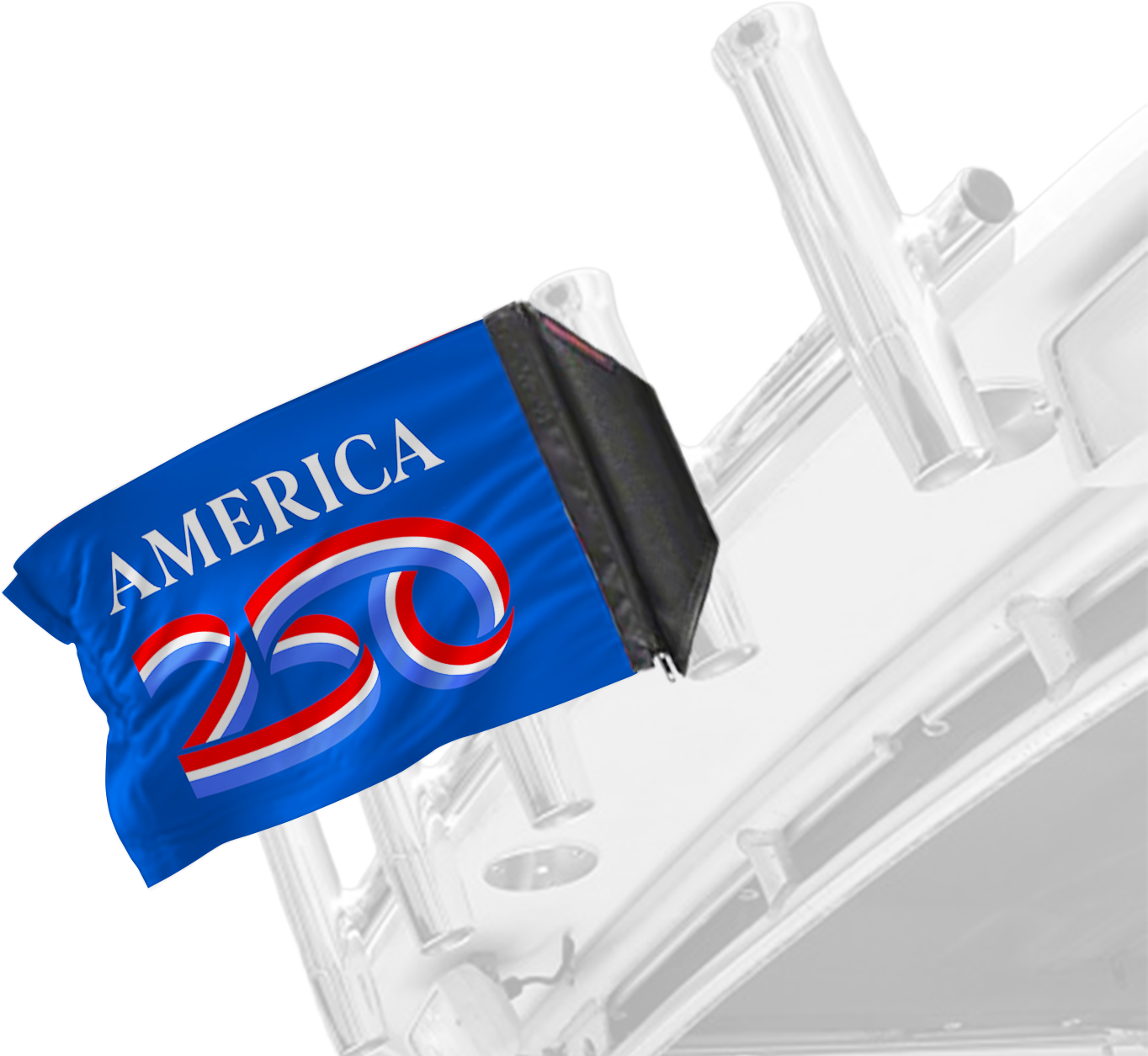 America 250 Forever Wave blue flag mounted on a boat rod holder sleeve