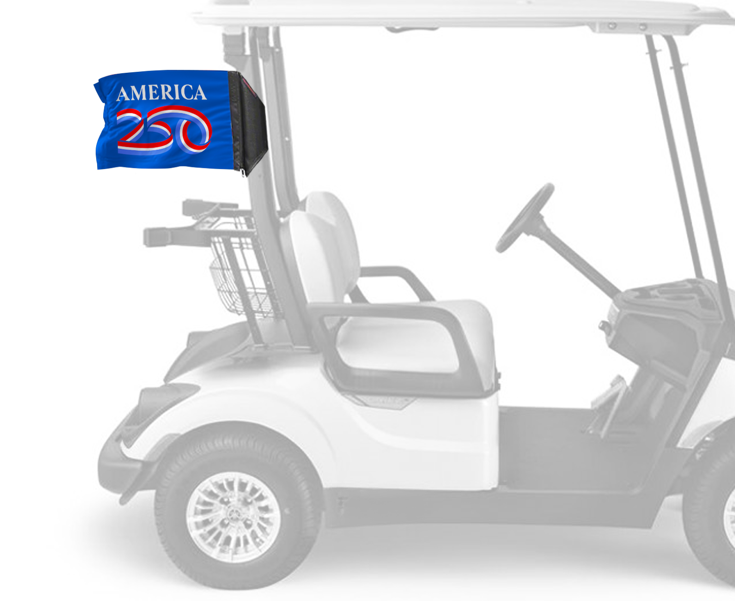 America 250 Forever Wave blue flag mounted on a golf cart