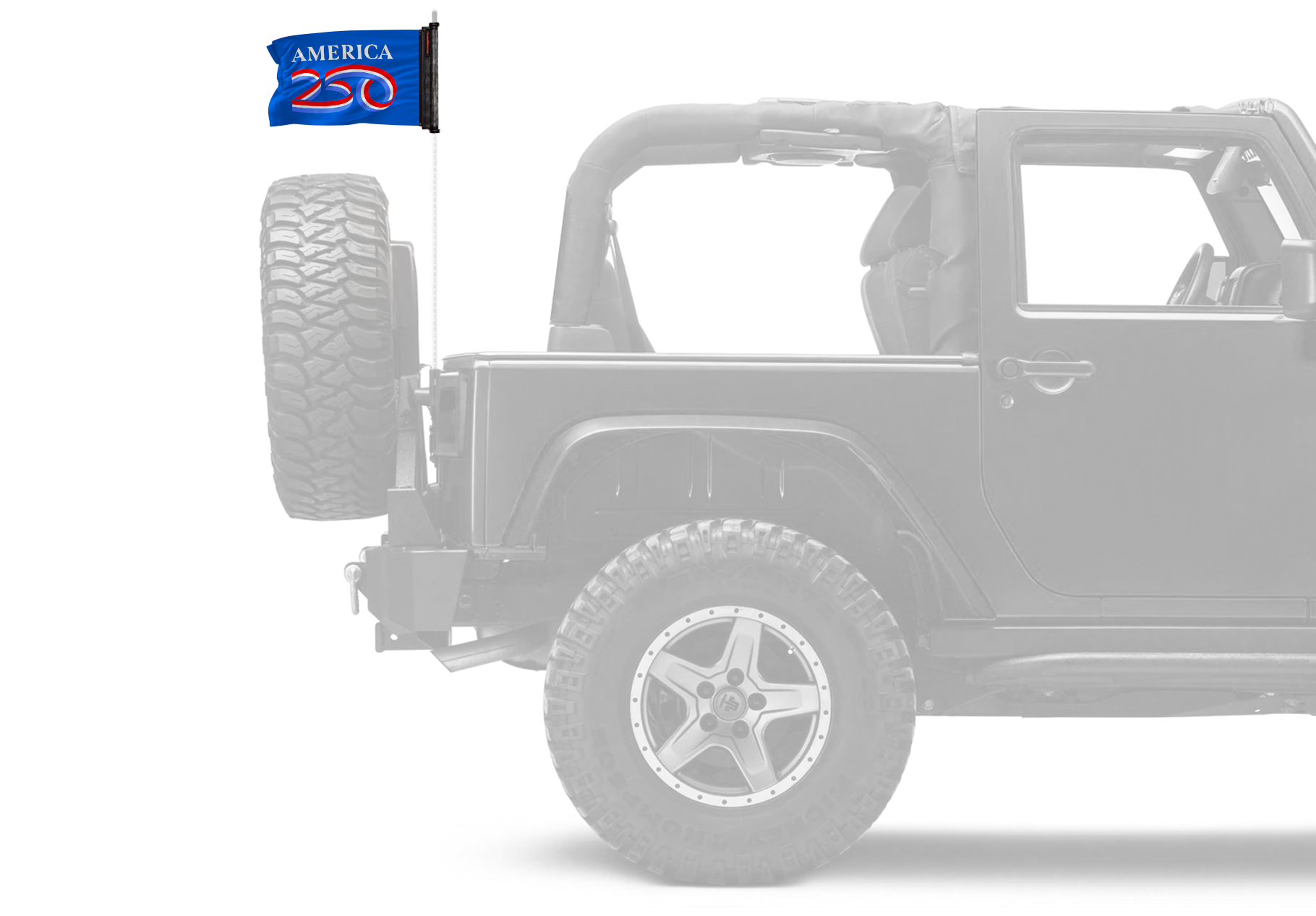 America 250 Forever Wave blue flag mounted on a vehicle antenna