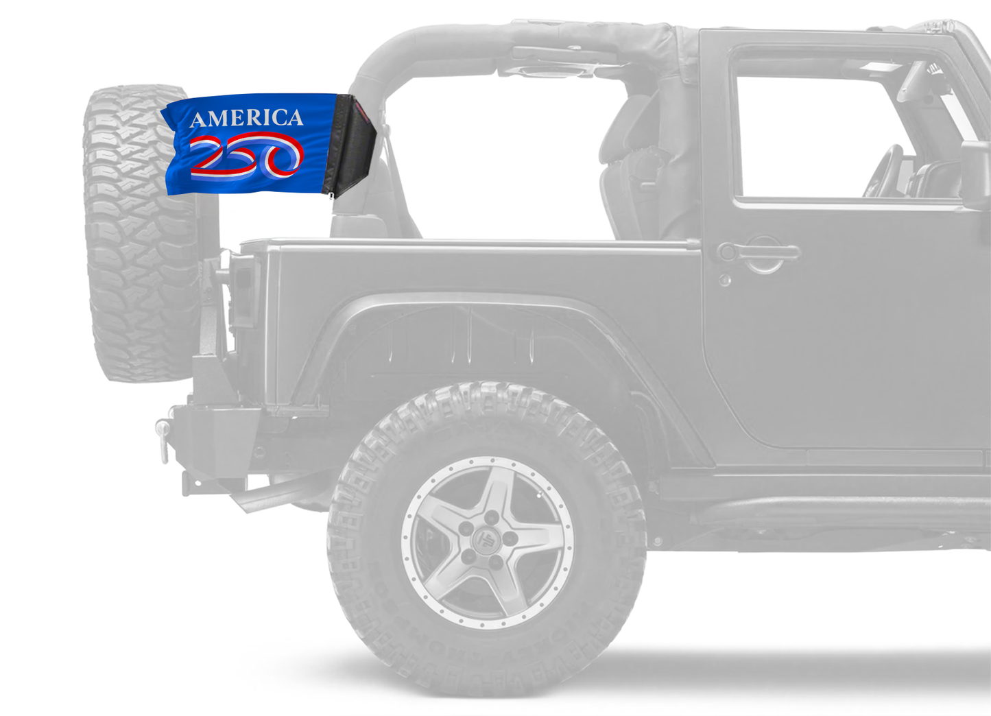 America 250 Forever Wave blue flag on a padded Jeep Wrangler JLU roll bar