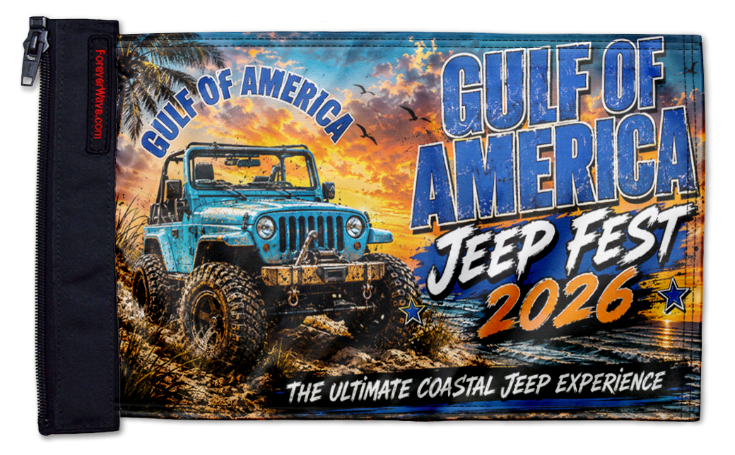 Gulf Of America Jeep Fest 2026 12"x18" Forever Wave Flag for Golf Carts