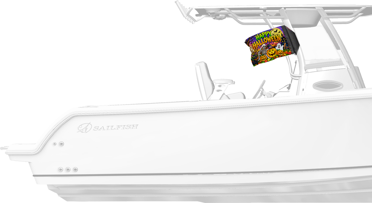 Happy Halloween 2 Forever Wave flag mounted on a boat T-top