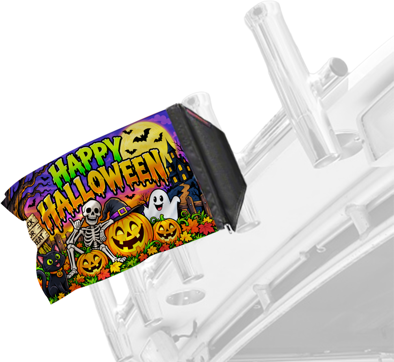 Happy Halloween 2 Forever Wave flag mounted on a boat rod holder