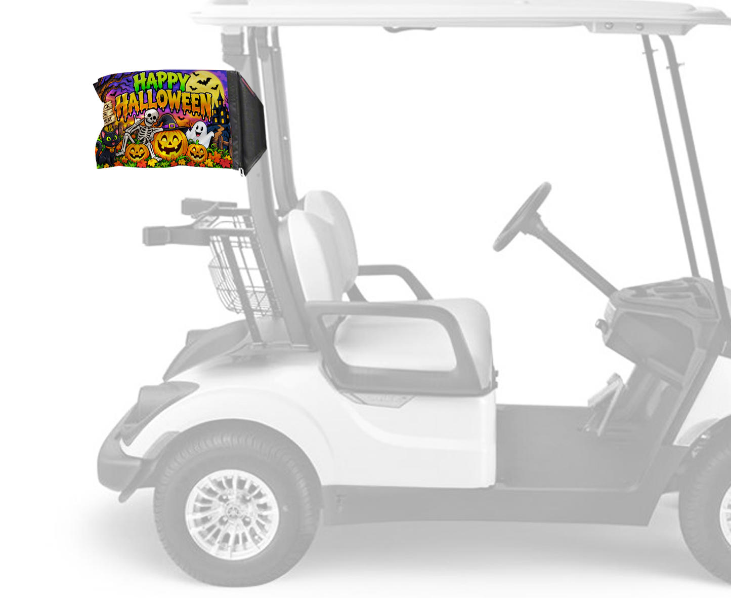 Happy Halloween 2 Forever Wave flag mounted on a golf cart