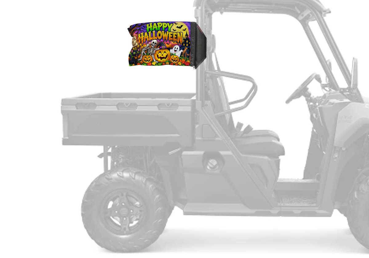 Happy Halloween 2 Forever Wave flag mounted on a UTV