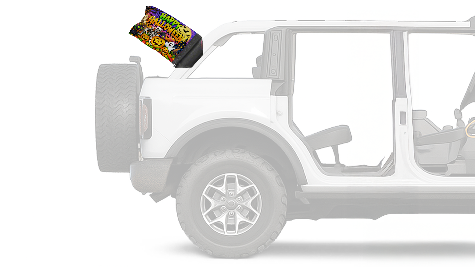 Happy Halloween 2 Forever Wave flag mounted on a Ford Bronco roll bar