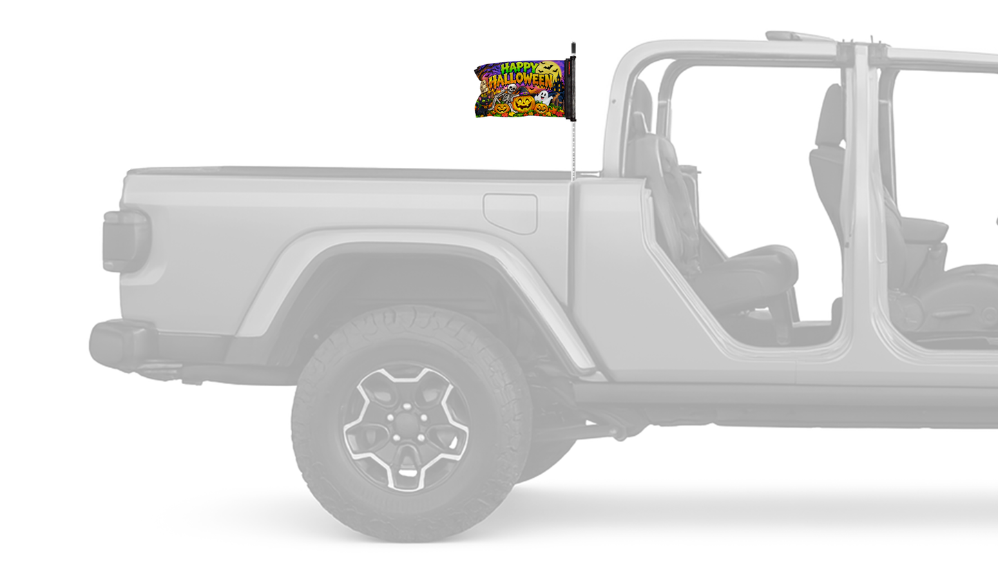 Happy Halloween 2 Forever Wave flag mounted on a Jeep Gladiator antenna