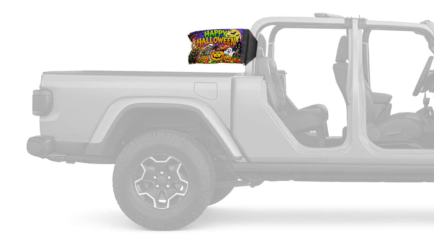 Happy Halloween 2 Forever Wave flag mounted on a Jeep Gladiator roll bar sleeve