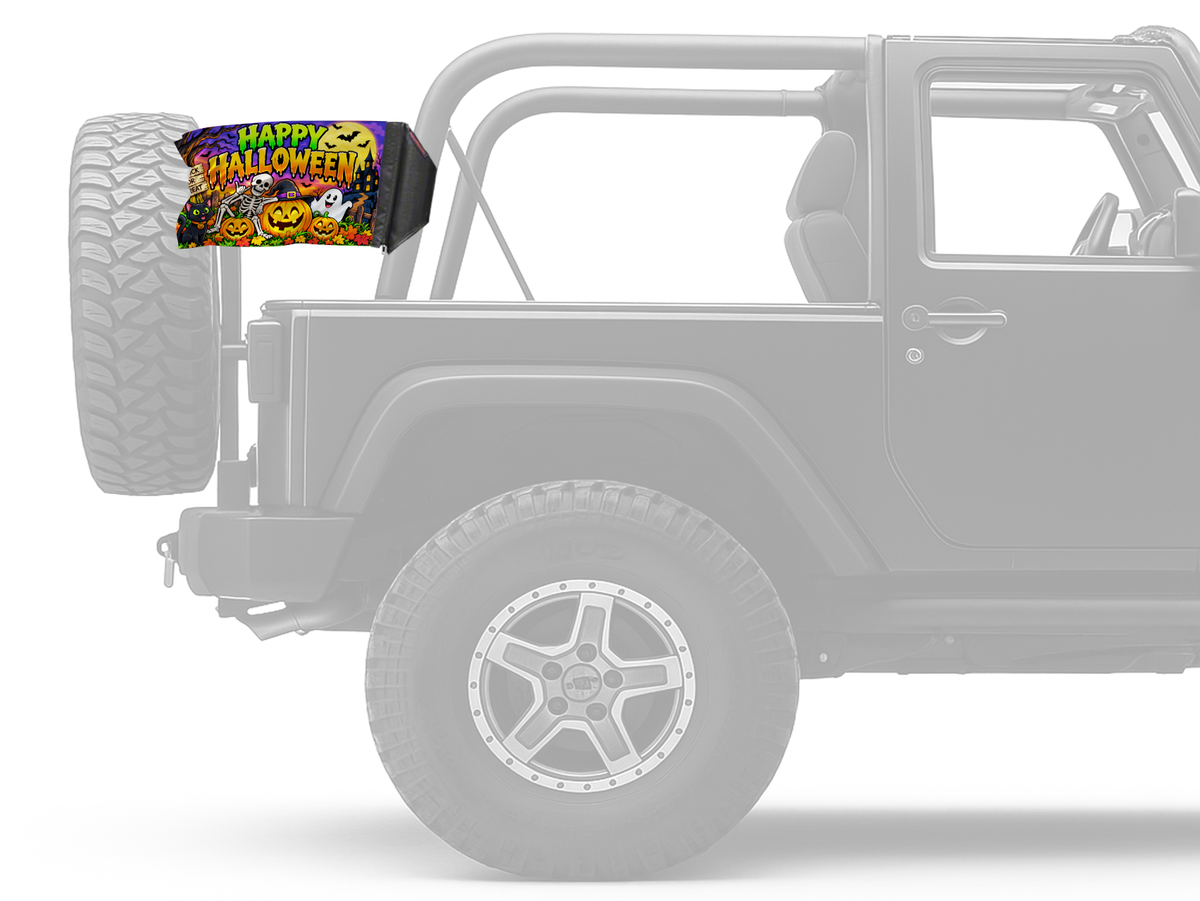 Happy Halloween 2 Forever Wave flag mounted on an unpadded Jeep roll bar