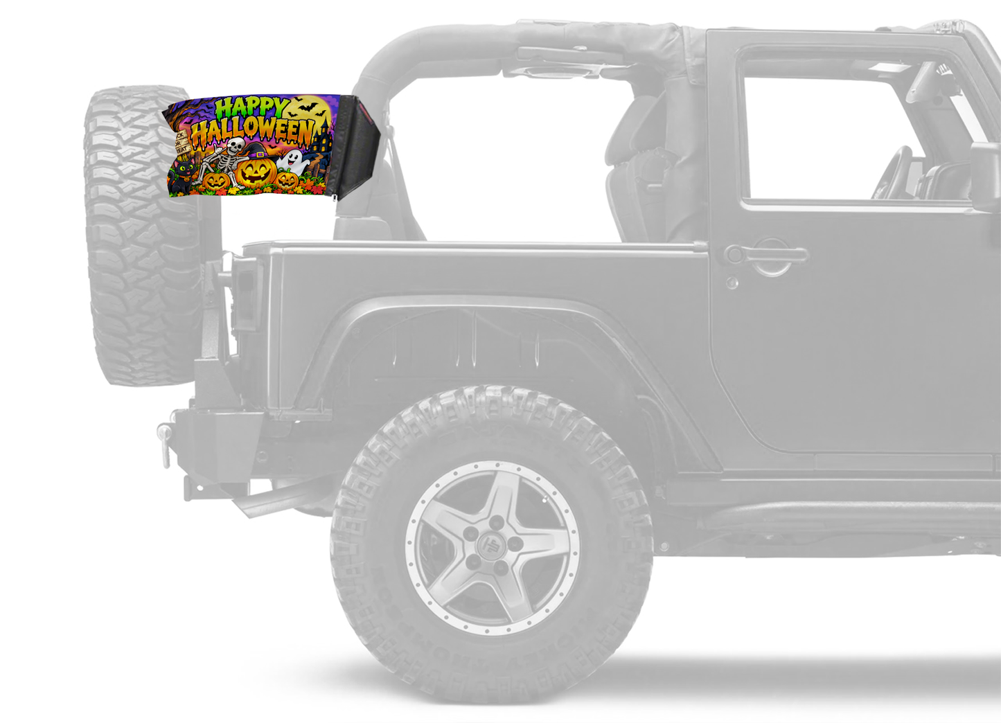 Happy Halloween 2 Forever Wave flag mounted on a padded Jeep roll bar