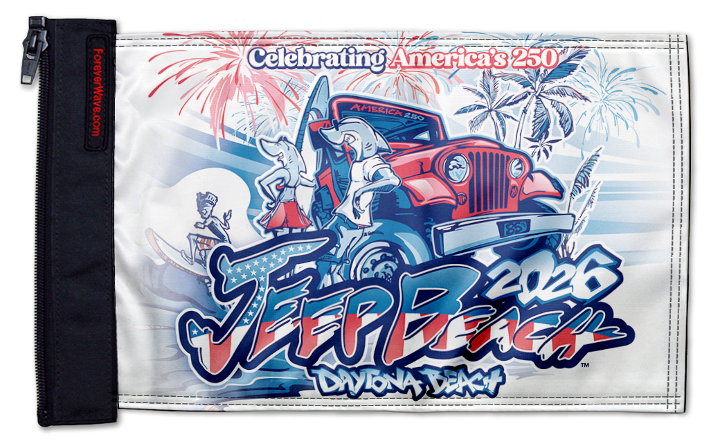 Jeep Beach 2026 12"x18" Forever Wave Flag for Jeep Wrangler CJ-7 and CJ-8 1976-1986
