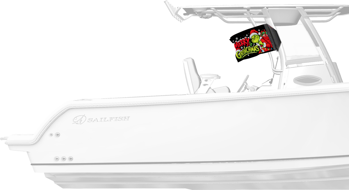 Merry Grinchmas Forever Wave flag mounted on a boat T-top