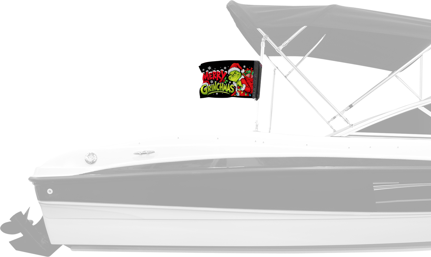 Merry Grinchmas Forever Wave flag mounted on a boat bimini top