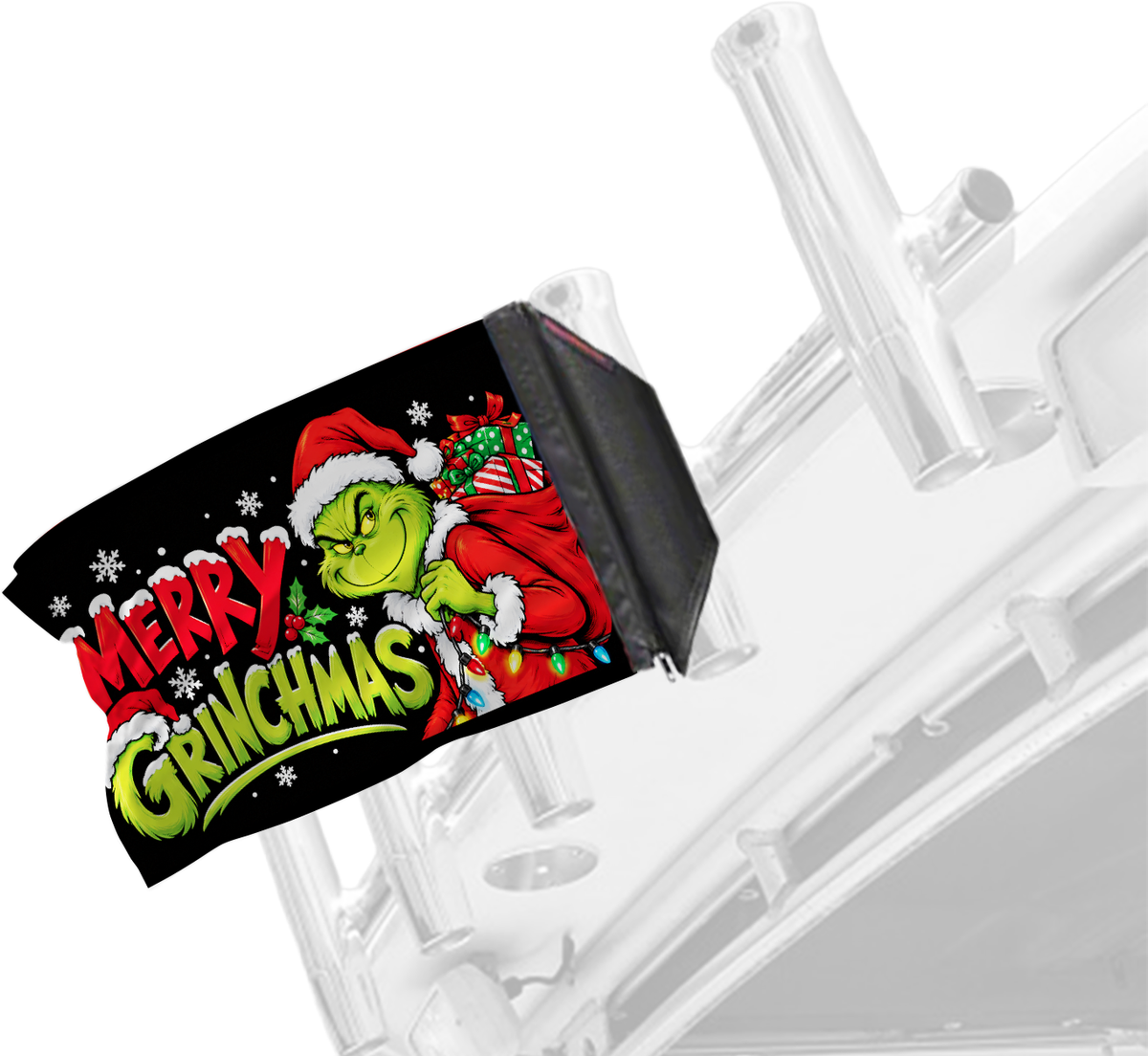 Merry Grinchmas Forever Wave flag mounted on a boat rod holder