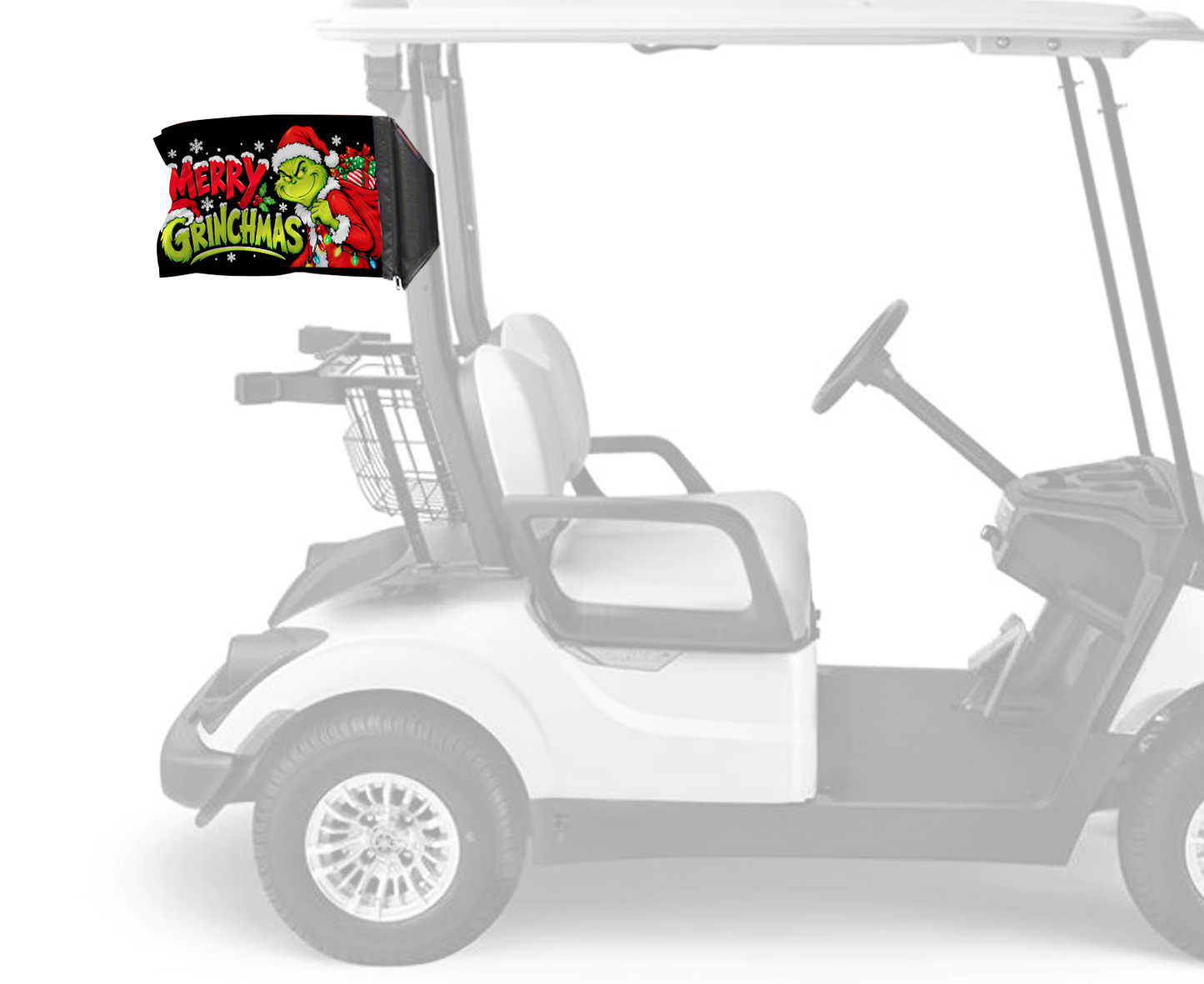 Merry Grinchmas Forever Wave flag mounted on a golf cart