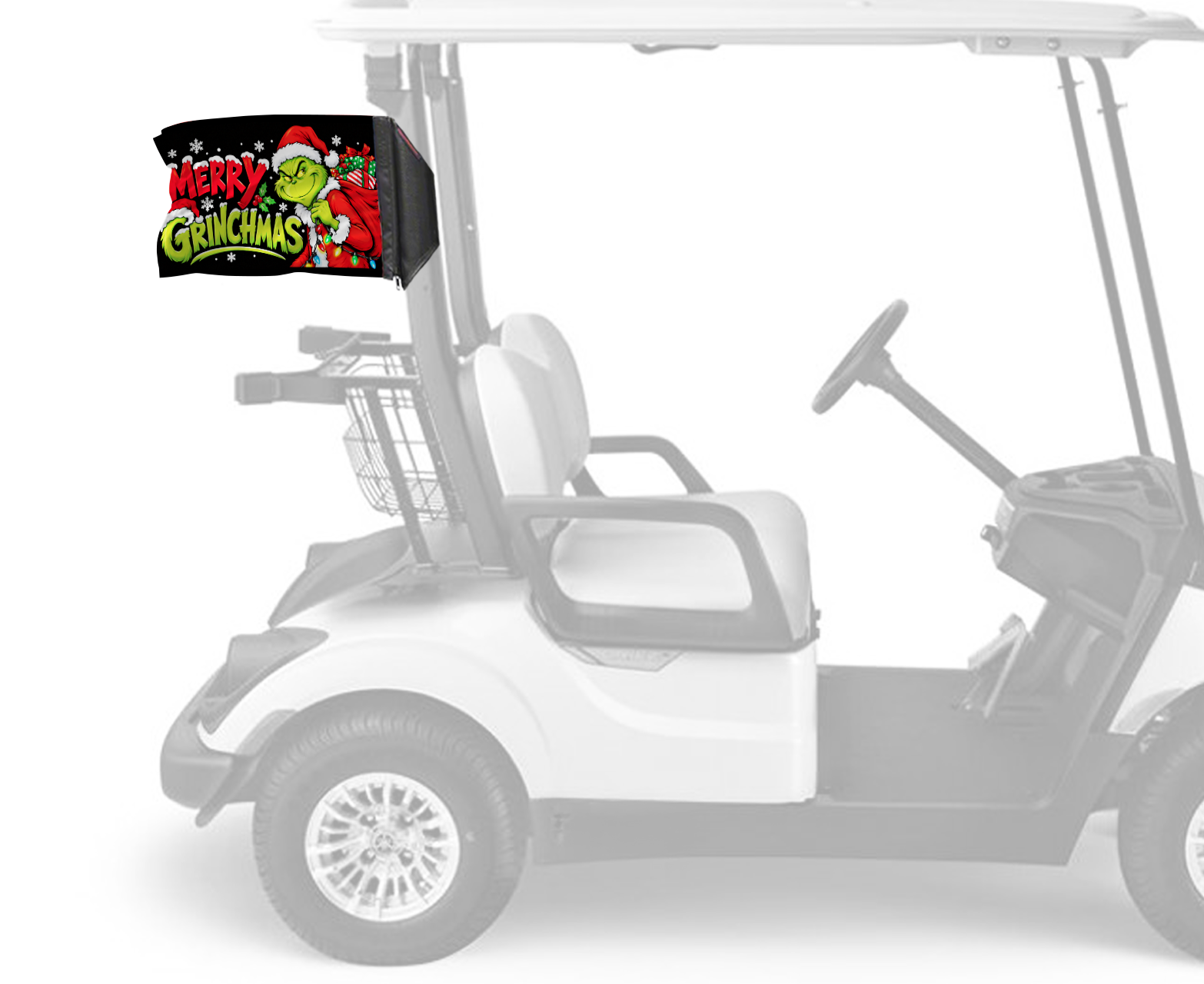 Merry Grinchmas Forever Wave flag mounted on a golf cart
