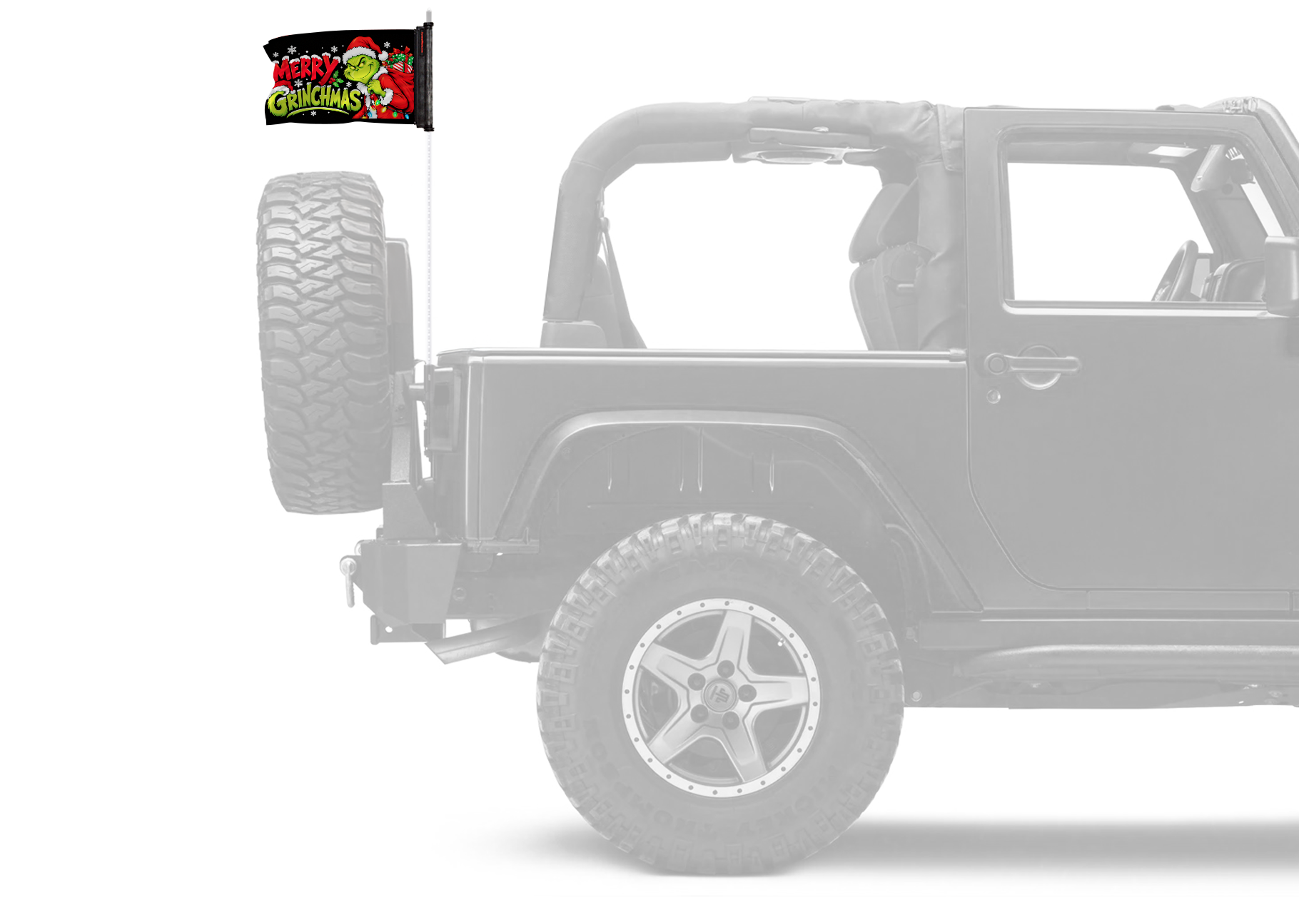 Merry Grinchmas Forever Wave flag mounted on a CB or LED antenna