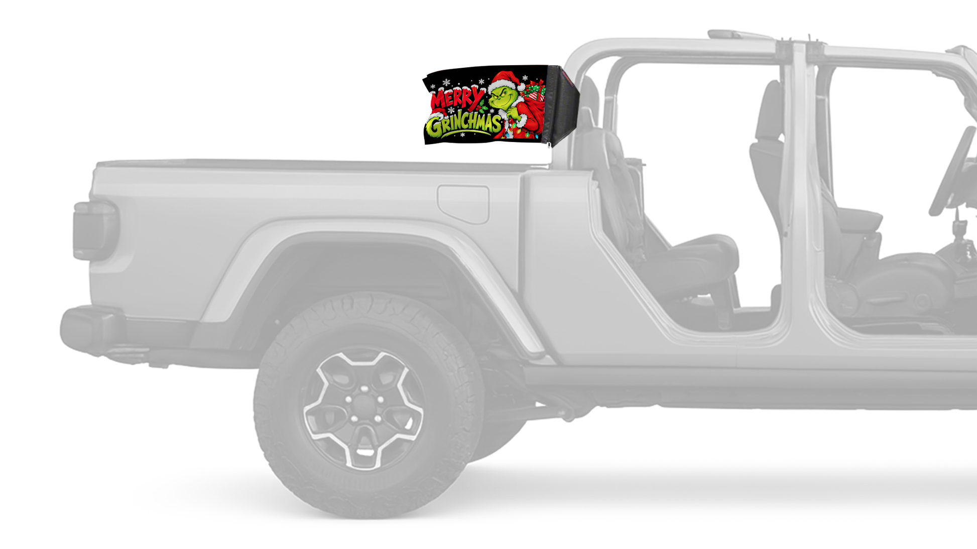 Merry Grinchmas Forever Wave flag mounted on a Jeep Gladiator roll bar sleeve