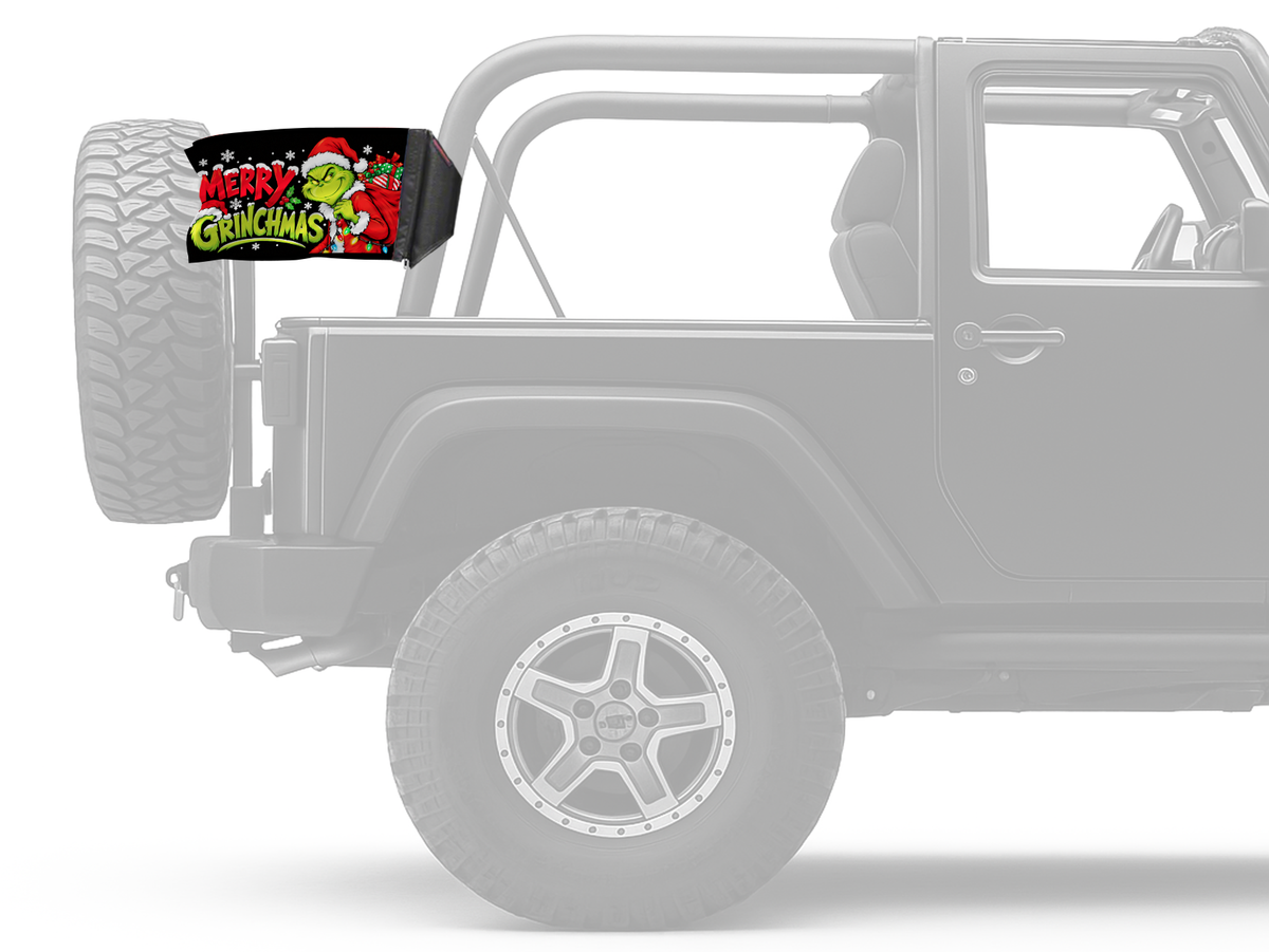 Merry Grinchmas Forever Wave flag mounted on an unpadded Jeep roll bar
