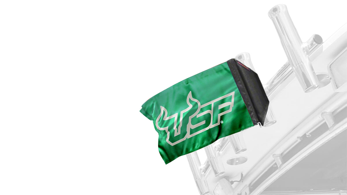 South Florida USF Bulls Forever Wave flag mounted on a boat rod holder