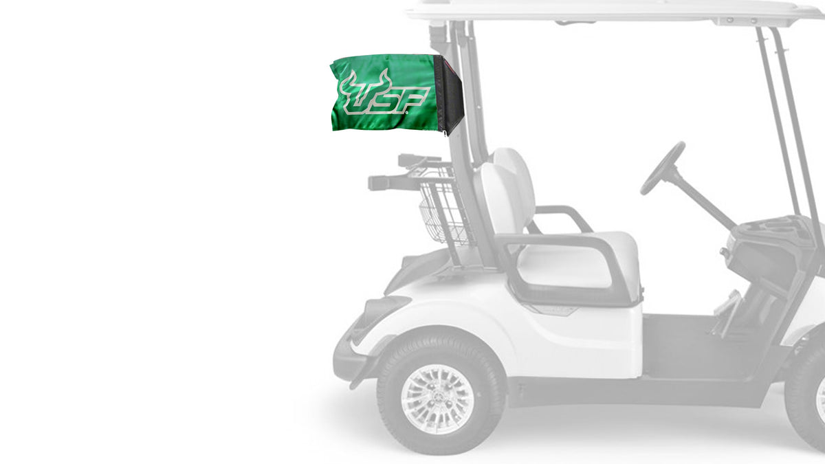 South Florida USF Bulls Forever Wave flag mounted on a golf cart