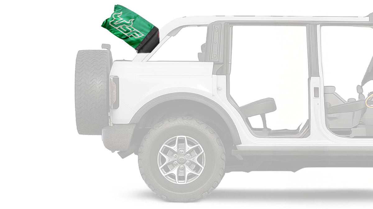 South Florida USF Bulls Forever Wave flag mounted on a Ford Bronco roll bar