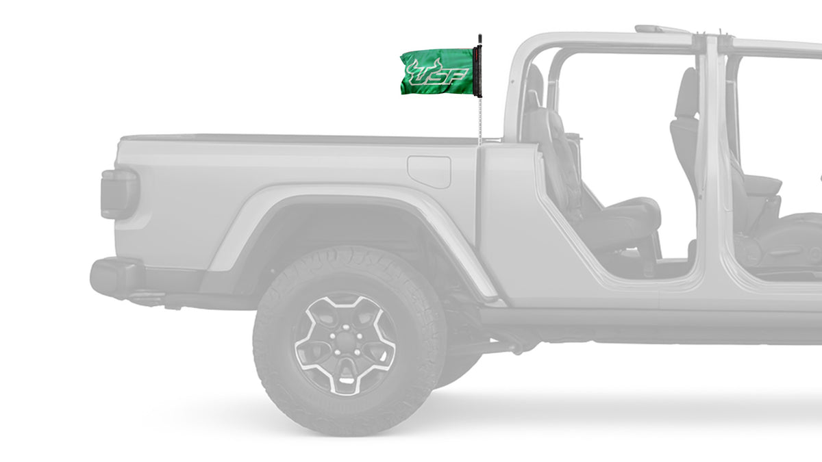 South Florida USF Bulls Forever Wave flag mounted on the antenna of a Jeep Gladiator
