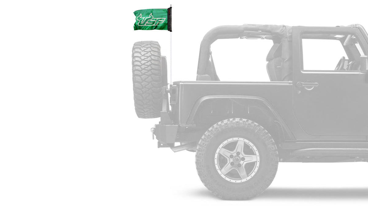 South Florida USF Bulls Forever Wave flag mounted on the antenna of a Jeep Wrangler JKU 4-Door