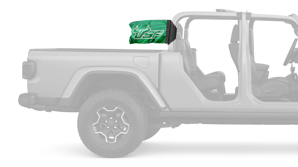 South Florida USF Bulls Forever Wave flag mounted on a Jeep Gladiator roll bar sleeve