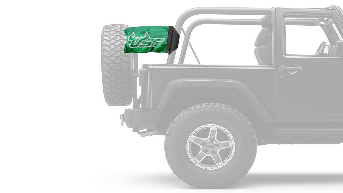 South Florida USF Bulls Forever Wave flag mounted on the unpadded roll bar of a Jeep Wrangler JKU 4-Door