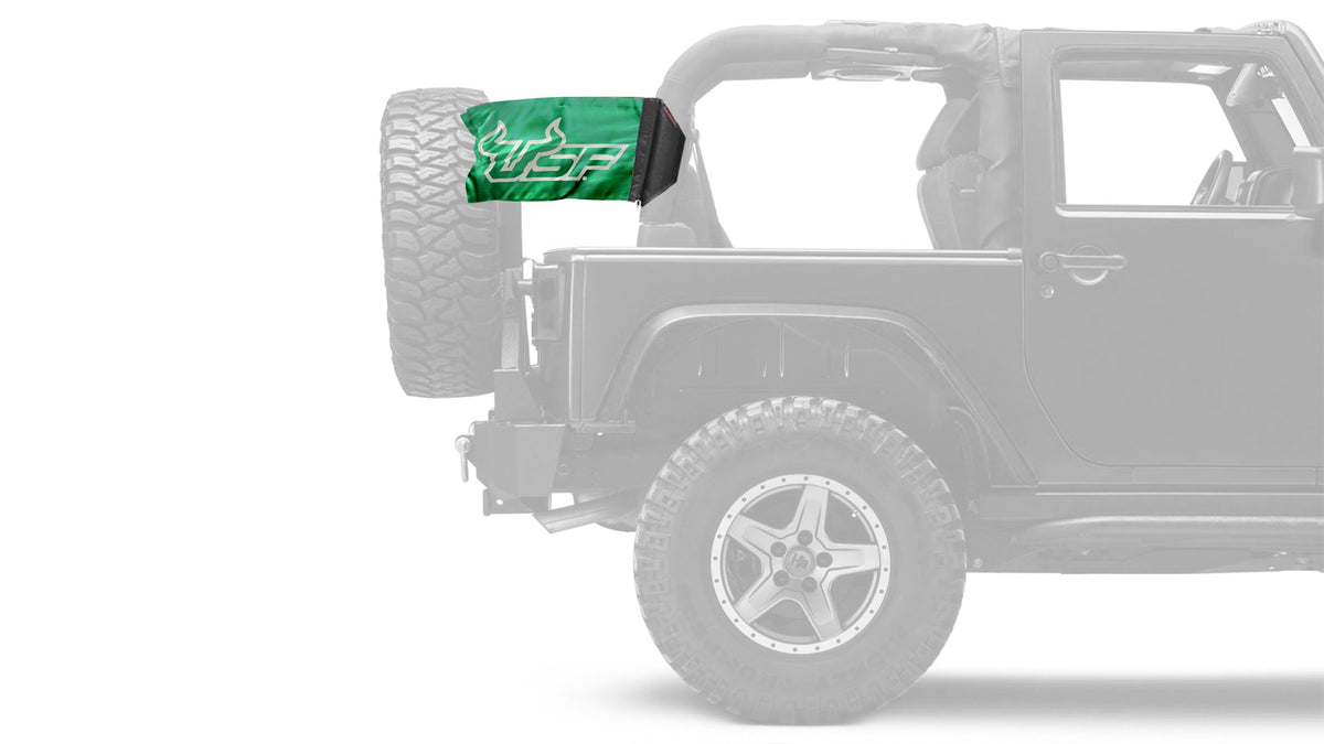 South Florida USF Bulls Forever Wave flag mounted on a padded Jeep roll bar